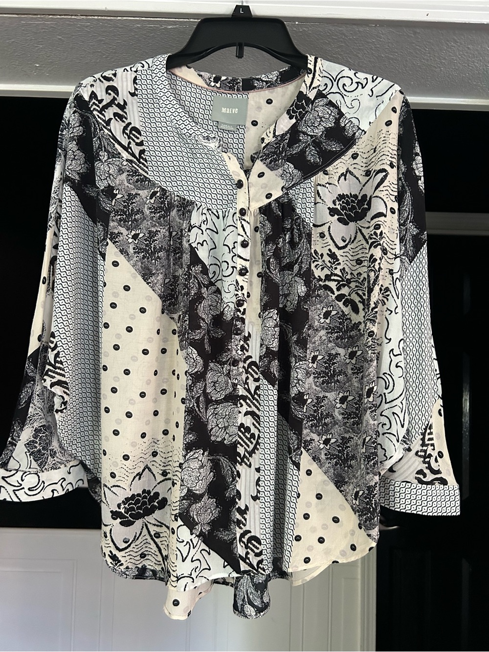 Maeve Black & White Mixed Print Button-Front Blouse